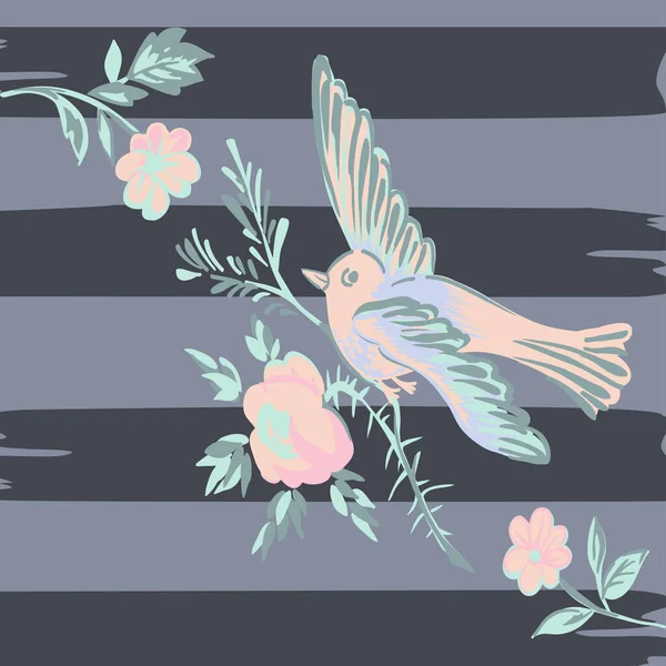 Рисование Птиц Летающих Цветочными Розами Тропический Винтажный Принт Бесшовные Полосы — стоковый вектор