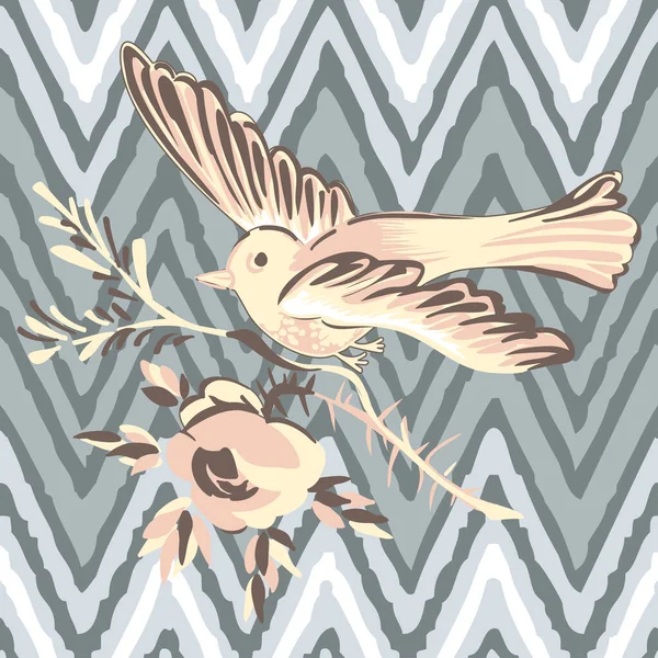 Zeichnung Vogel Fliegen Mit Blumenrosen Tropischen Vintage Print Nahtlose Streifen — Stockvektor