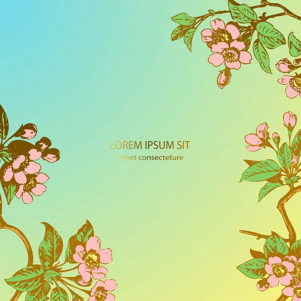 El çizimi sakura çiçekleri ve dallarda yapraklar. Botanik düğün davetiyesi şablonu tasarımı. Açık mavi altın zemin üzerinde eski bir kiraz ağacı. Retro tarzı. Vektör illüstrasyonu