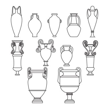 Seramik vazoların taslağı. Uzun antik Yunan, iki tutacağı ve dar bir boynu olan Roma kavanozu. Çizgi sanatı klasik seramik amfora, çömlek, beyaz arkaplan vektör illüstrasyonunda izole edilmiş kaplar