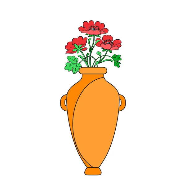 装飾やインテリアのための花を咲かせる色の花瓶 白い背景に隔離された黄色の花瓶に赤いケシの花束 ベクターイラスト — ストックベクタ