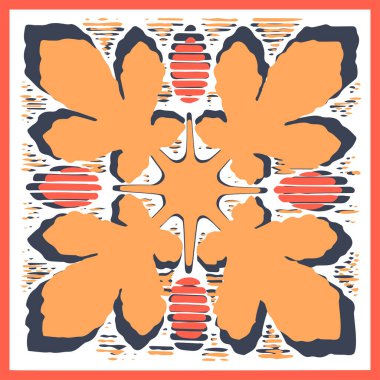 Bir meydanda basit bir çiçek süsü. Dekoratif Akdeniz motifi. Çiçeksel mozaik fayans deseni. Doğulu arabesk desenli iz. Dekorasyon kiremit grunge dokusu. Geleneksel seramik seramikleri. Vektör 