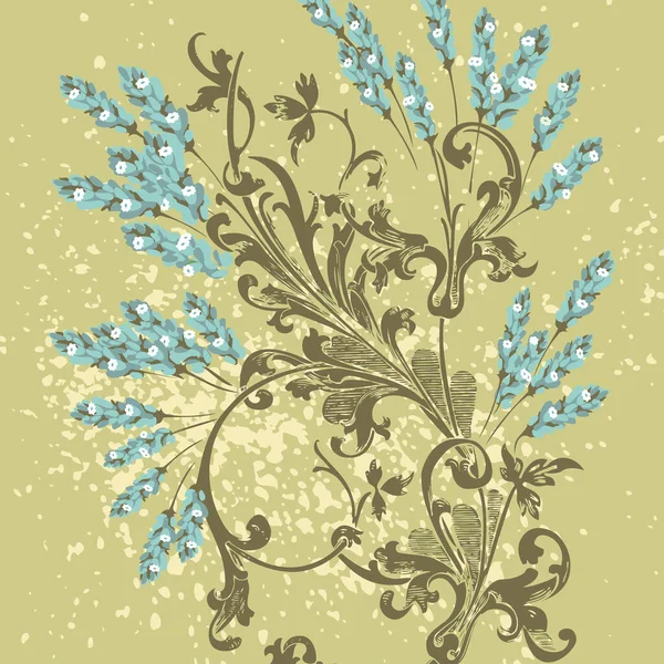 Ručně Kreslené Levandulové Květy Zeleném Abstraktním Designu Květinového Vzoru Rozkvetlá — Stockový vektor