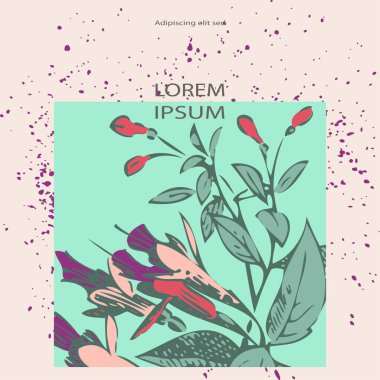 Cyan beyaz arka planda mor lekeli bir demet pembe çiçek. Fuşya çiçekleri, sanatsal vektör çizimi. Bitkisel trend deseni, grafik tasarımı