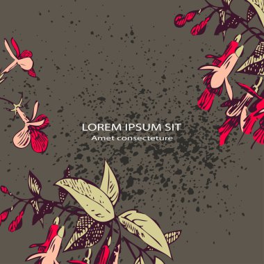 Gri pastel arka planda bir demet çiçek ve serpinti. Fuşya çiçekleri, sanatsal vektör çizimi. Çiçeksel botanik desen, grafik tasarım. Pembe renkler