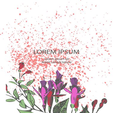 Beyaz arka planda pembe lekeli bir demet çiçek. Fuşya çiçekleri, sanatsal vektör çizimi. Çiçeksel botanik desen, grafik tasarım. Yeşil renkler