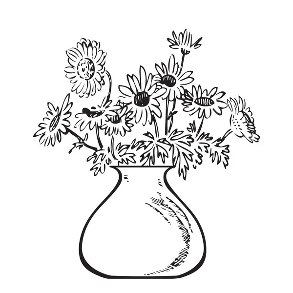 Hand Drawn Bouquet Chrysanthemum Vase Engraving Sketch Isolated Black Lines — Vector de stock