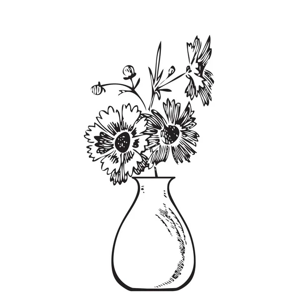 Hand Drawn Bouquet Chrysanthemum Vase Engraving Sketch Isolated Black Lines — 스톡 벡터