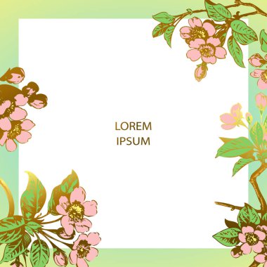 Drawing sakura flowers and leaves on branches border celebration. Botanical wedding invitation card template design. Vintage blossom cherry on white green golden background. Vector illustration