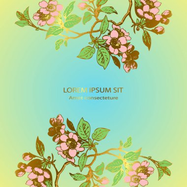 Drawing sakura flowers and leaves on branches border celebration label. Botanical wedding invitation card template design. Vintage blossom cherry on blue green golden background. Vector illustration