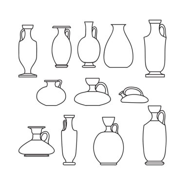 Sketch outline of ceramic vases set. Ancient Greek, Roman jar with two handles and a narrow neck. Line art vintage amphora, pots, cups isolated black on white background. Vector illustration graphic