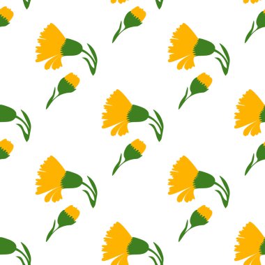 Botanik bitkisi karahindibaları kusursuz desenli vektör çizimleri. Beyaz arka planda sarı çiçekli Daisy dalı. Selamlama, bayrak, bayram, kutlama, moda ve kapak için grafik tasarımı