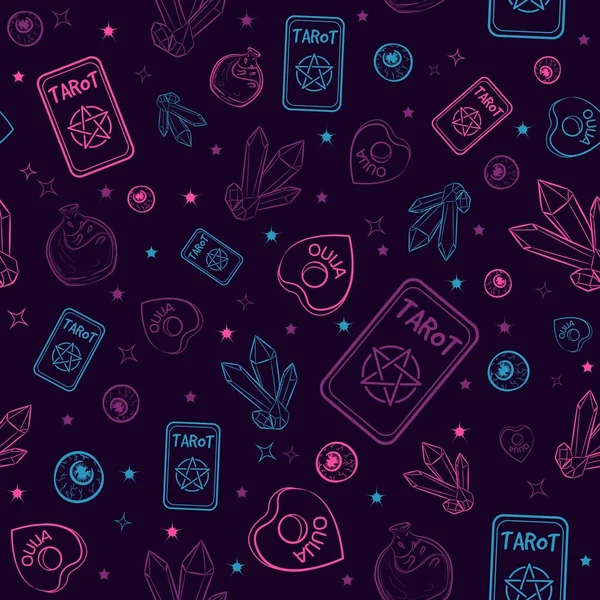 Mor ve mavi unsurları olan gizemli ve cadısı kusursuz bir desen. Tarot kartları, değerli mücevherler, ruh çağırma tahtası ve mataralar. Wiccan ve esrarengiz arka plan psikedelik ve sihirli nesneler ile tekrarlanır.