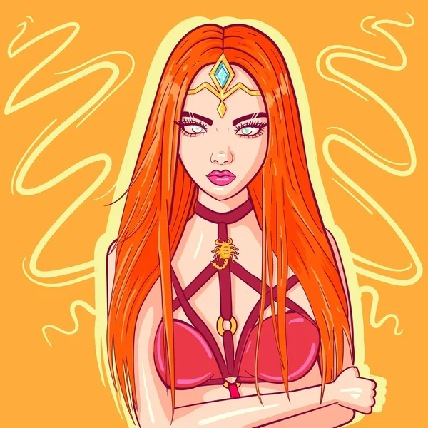Kızıl uzun saçlı ve başında taç olan akrep bir kadın. Astrolojik kavramsal bir akrep kız sanatı. Okült ve zodyakal işaretlerin vektör portresi.