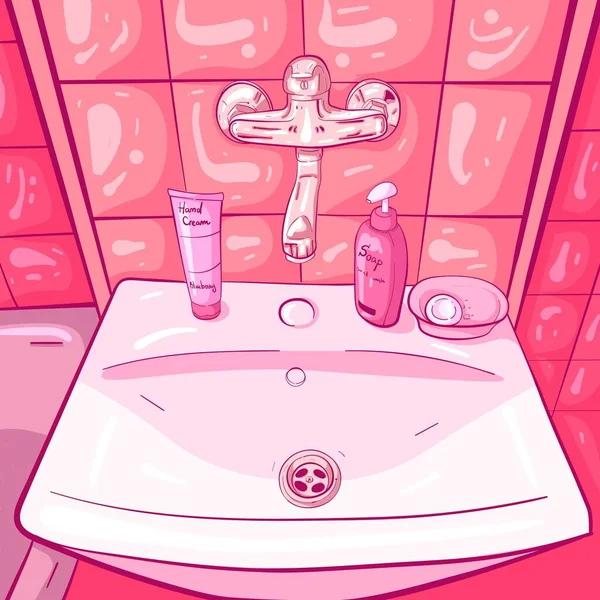 水道水 ハンドソープ 光沢のある信仰を持つきれいなバスルームでピンクのシンクの概念的な芸術 洗面台の上から見たベクトルイラストとドローイング — ストックベクタ