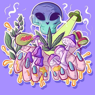 Mantarlar, uzaylılar, UFO 'lar ve marihuana gibi psikedelik ve uçuk elementlerle çizimler. LSD tutan eller ve halüsinasyonlar. Ürkütücü ve gerçeküstü elementlere sahip çıkartma vektörü.