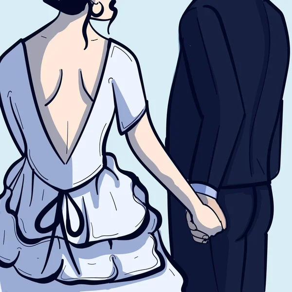 Bride Broom Wearing Wedding Dress Suit Backside View Couple Celebrating — стоковый вектор