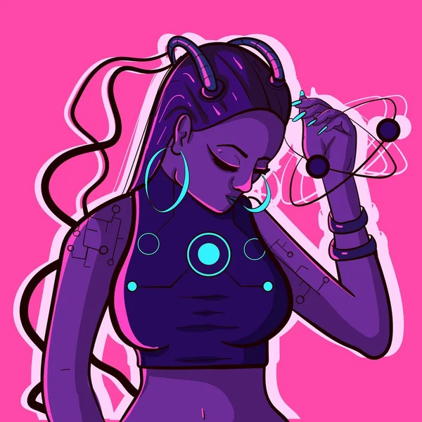 Ультрафіолетове Концептуальне Мистецтво Роботизованої Кібер Жінки Майбутнього Чіпсами Технологічним Обладнанням — стоковий вектор