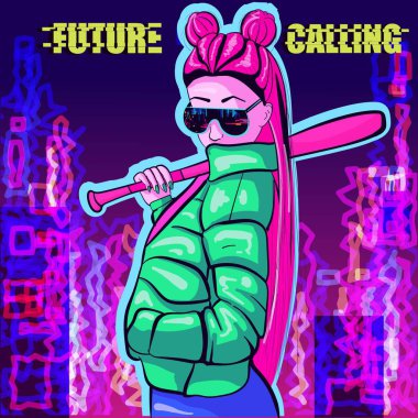 Artificial intelligence conceptual art of a woman with pink hair and green jacket holding a baseball bat. Bokeh lights and city buildings background.