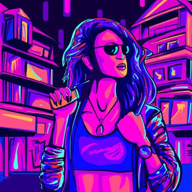 Neon ışıklarının altında genç bir kadının sentetik dijital sanatı. Güneş gözlüklü bir kızın şehir manzarası çizimi. Disko ve 80 'lerin müzik konsepti.