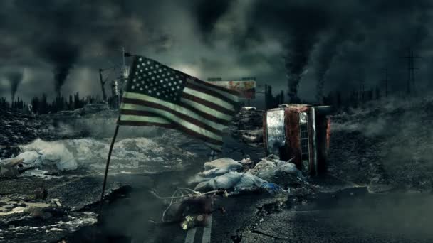 Post apocalyptic scene - USA flag — Stock Video