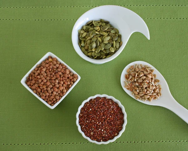 Seeds and Lentils in Small White Bowls — Stock Photo, Image