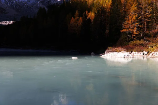 A luz da manhã ilumina árvores e lago, Lago Sorapis, Dolomitas, Itália — Fotografia de Stock