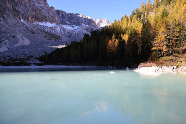 Autumn at Sorapis lake, Dolomites, Italy