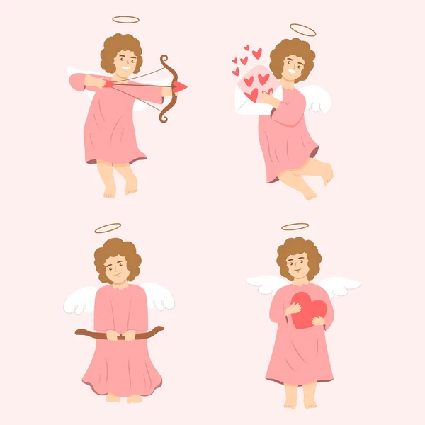 Colección Personajes Cupido Plano Dibujado Mano — Vector de stock