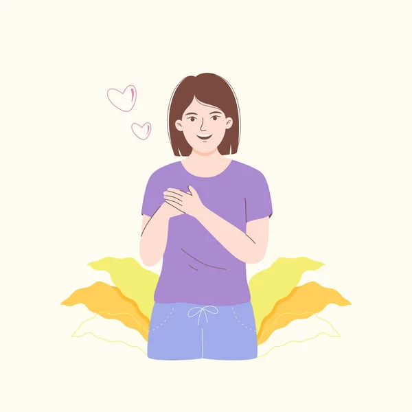 Young Woman Smiling Hands Chest Vector Illustration — 스톡 벡터