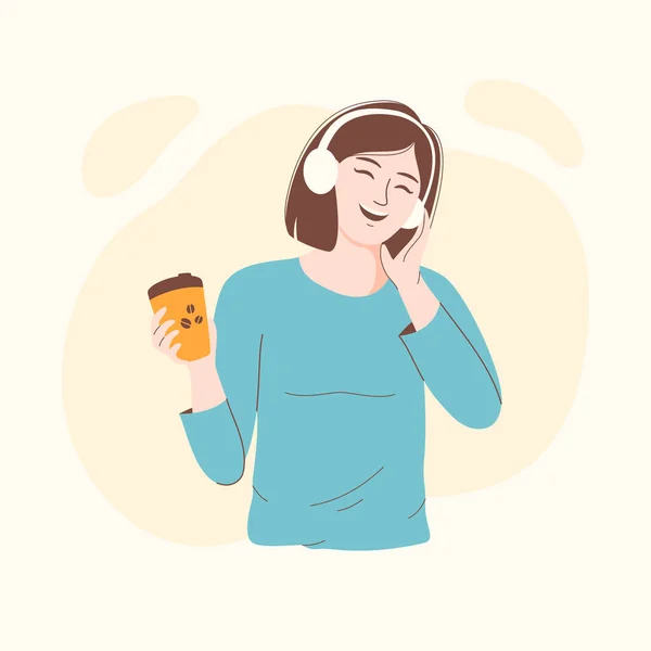 Mujer Feliz Con Auriculares Ilustración Vectores Caracteres — Vector de stock