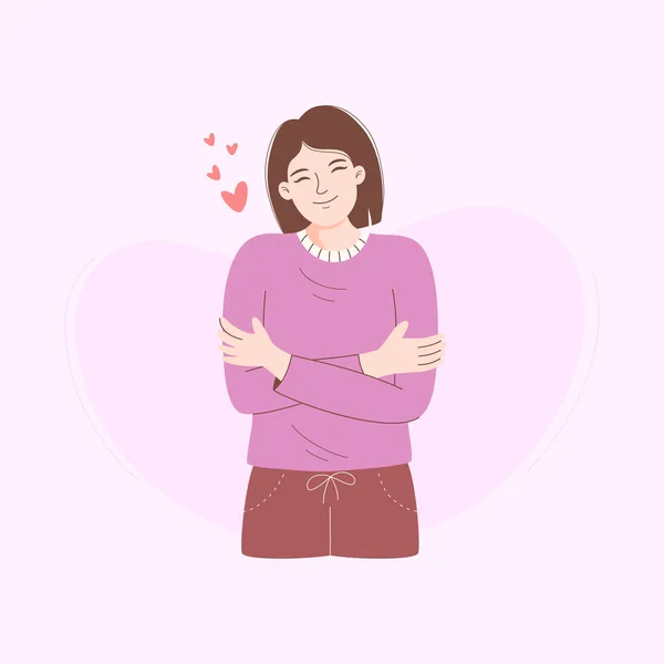 Young Woman Embraces Herself Vector Illustration — 스톡 벡터