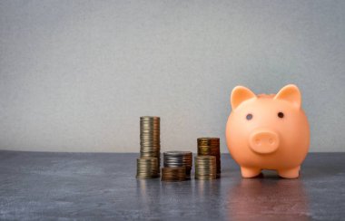 Pembe kumbara ve gri mermer bir yüzeye yığılmış bozuk paralar. Para biriktirme ve mevduat kavramı