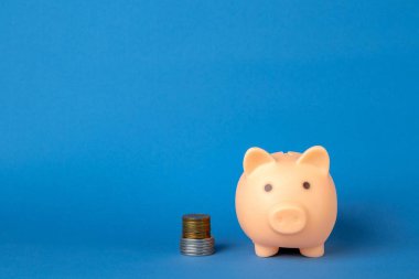 Pembe kumbara ve mavi arka planda paralar. Para biriktirme ve mevduat kavramı