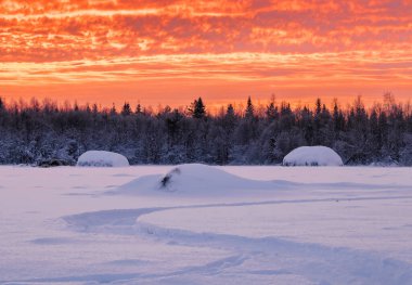 Turuncu gökyüzüne karşı ormanın kenar mahallelerinde karla kaplı samanlıklar..