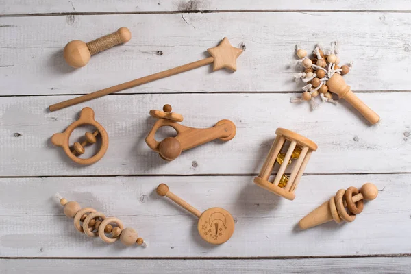 Juguetes Madera Juguetes Ecológicos Juguetes Para Niños Hechos Madera Conjunto —  Fotos de Stock