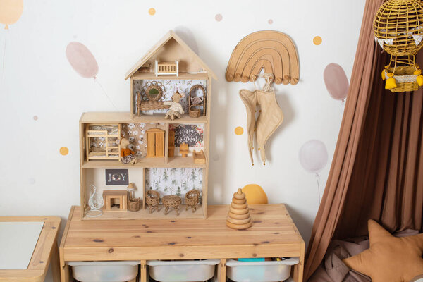 Classic wooden dollhouse, Scandinavian children's room