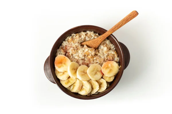 Zdrowe Śniadanie Płatki Owsiane Bananami Wyizolowanymi Białym Tle Owsianka Bananami — Zdjęcie stockowe