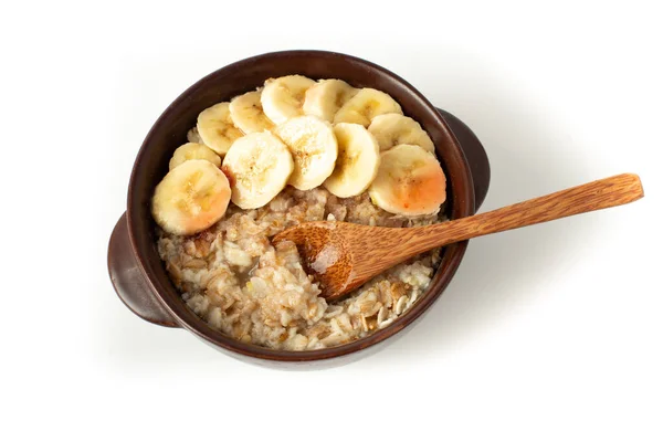 Desayuno Saludable Harina Avena Con Plátanos Aislados Sobre Fondo Blanco Imagen de archivo