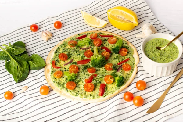 Vegan Pizza Broccoli Spinach White Table — Stock Photo, Image