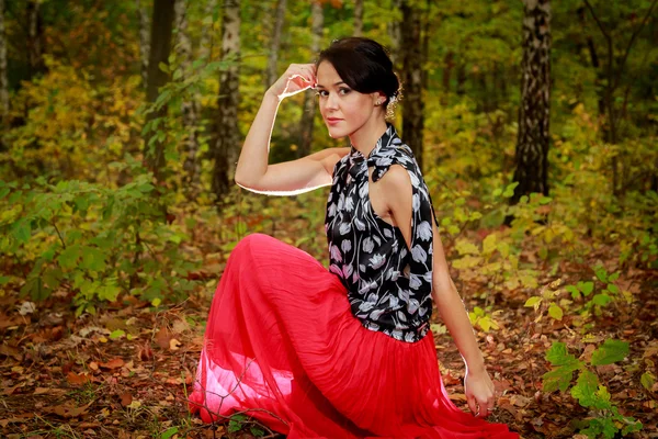 La hermosa chica en el bosque de otoño — Foto de Stock