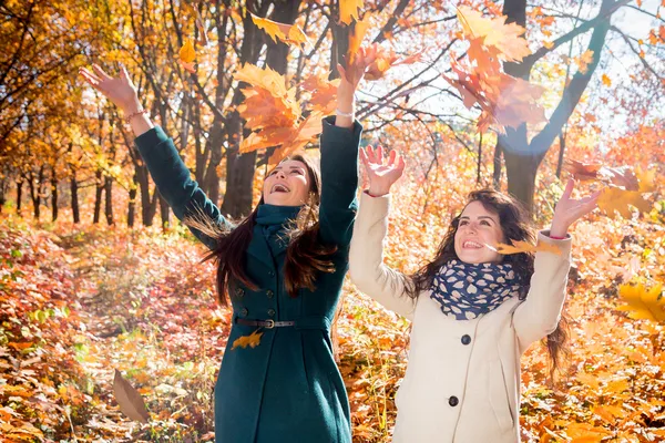 女孩子在玩树叶在秋天的公园 — 图库照片