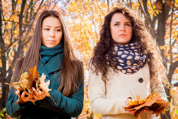 Niñas sosteniendo hojas en el parque de otoño — Foto de Stock