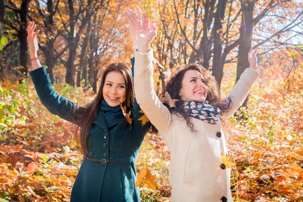 Girls playing with leaves in the autumn park — Stock Photo, Image