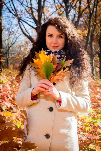 Menina com um monte de folhas no parque de outono — Fotografia de Stock