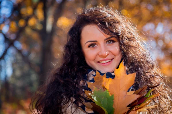 Glimlachend sgirl met bos van bladeren in de herfst park — Stockfoto
