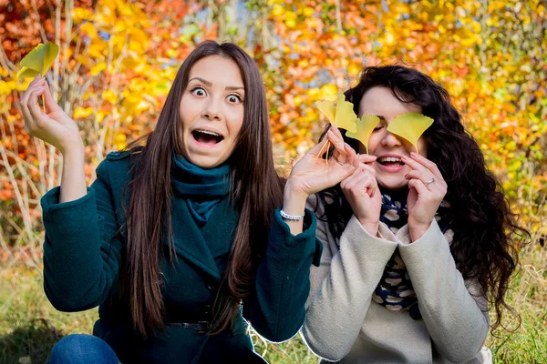 Meisjes met plezier in de herfst park — Stockfoto