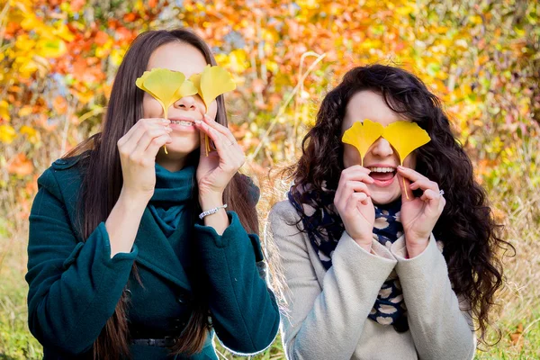 Meisjes met plezier in de herfst park — Stockfoto