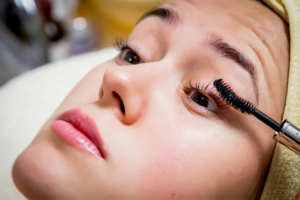 Make-up kunstenaar doen professionele make-up van jonge vrouw — Stockfoto