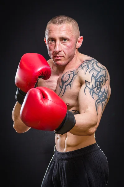 Hombre en tatuaje posando con guantes de boxeo — Foto de Stock